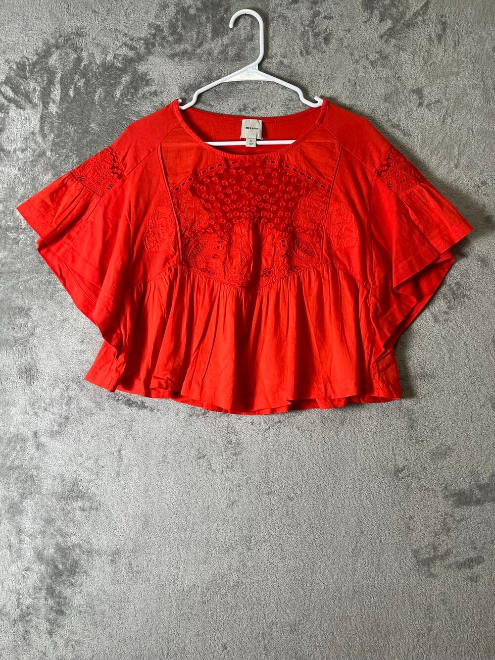 Maeve Anthropologie Embellished Cotton Swing Top Orange Flutter Sleeve Small